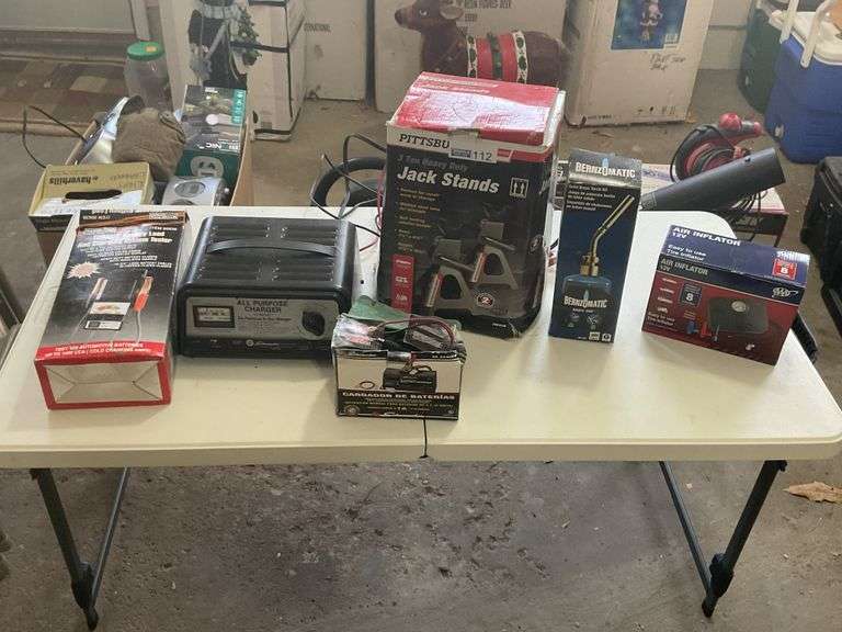 Battery Charger, Jack Stands, Inflator & Torch