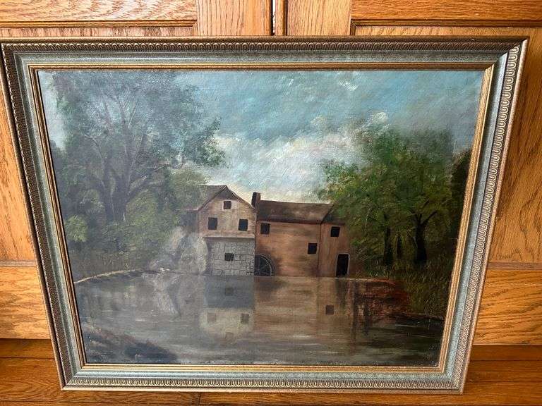 Antique Oil Painting 33" x 27" Old Mill Landscape Trees