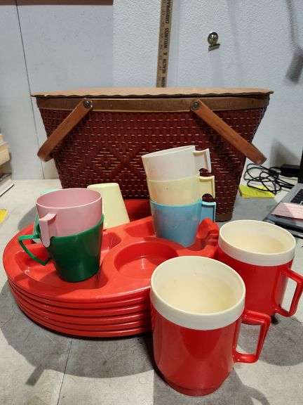 Vintage Red Man Picnic Basket W/ Plastic Cups & Plates