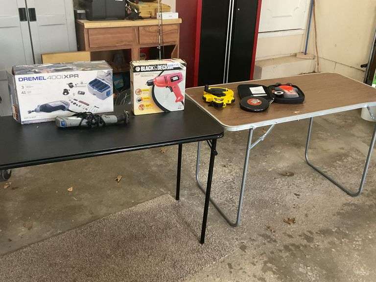 2 Folding Tables, 1 Dremel, B&D Grill, Stud Finder & 2 Tape Measures