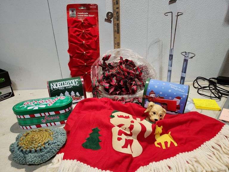 Christmas Items Bows, Tins, Doll Stands And More