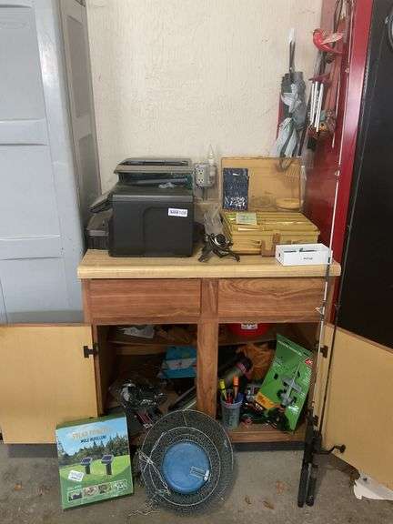 Cabinet w/ Contents, 2 Fishing Rods, Tackle Box & Fish Saver