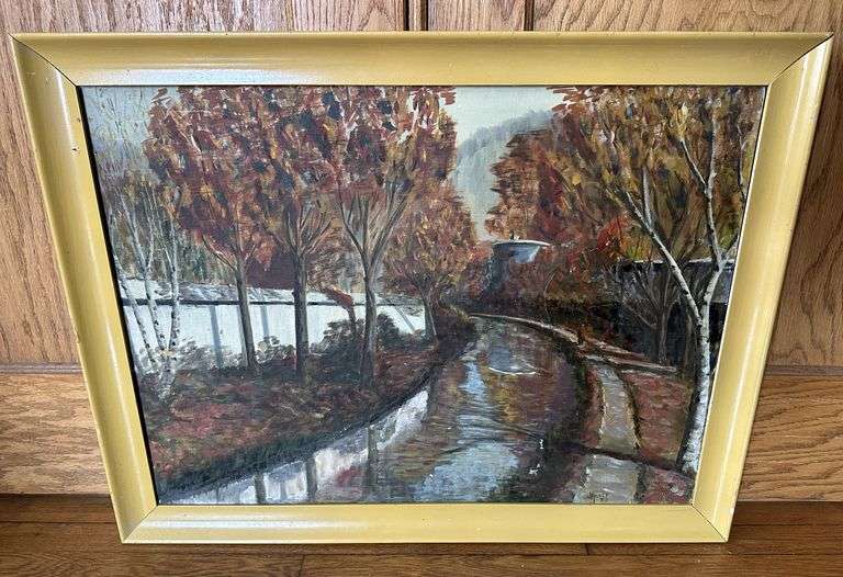 Mid Century 1955 Autumn Landscape Oil Painting 26" x 33" River Walk Walker