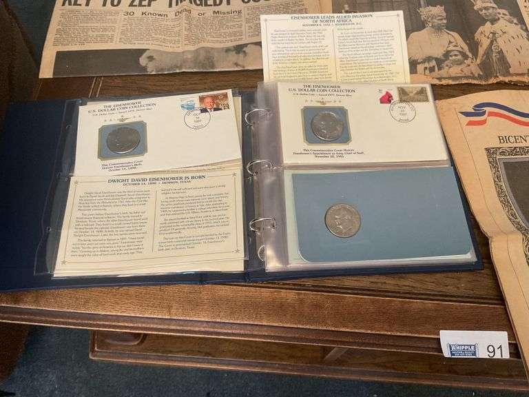 Old Newspapers, Postcards, Gold Stamps & 3 Eisenhower Dollars