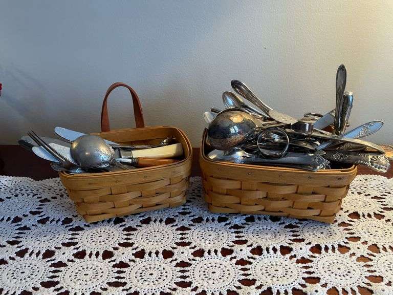 Longaberger baskets, silver plate flatware.