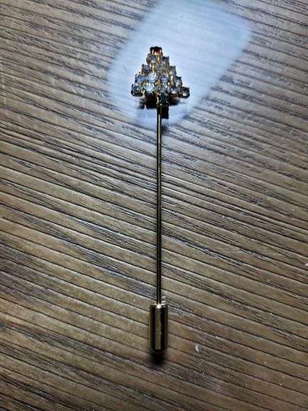 Christmas Tree Stick Pin - one red and one green Rhinestones with 14 Clear Rhinestones set in a gold