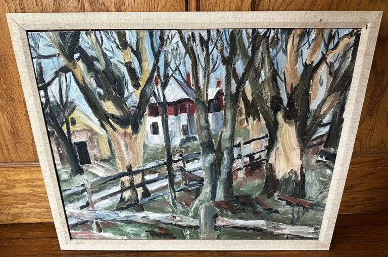 Mid Century 1963 Oil Painting Abstract Wood Scene 24" x 29" Shirley W. Mill