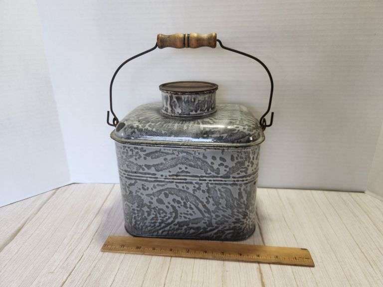 Grey Granite Lunch Pail with water Cannister & Wood Bail Handle, 10 x 6 x 10 in