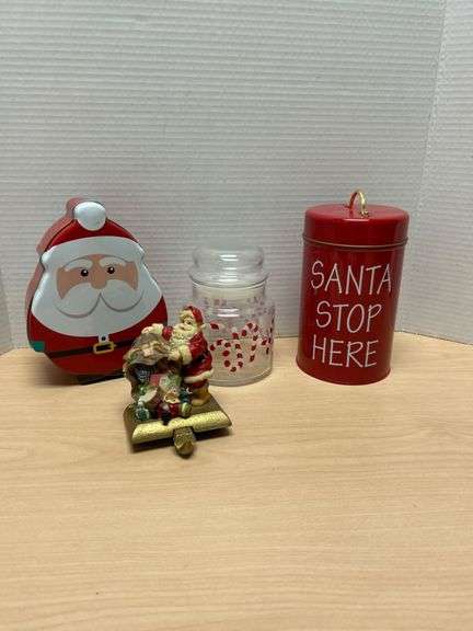 Christmas Decor Lot With Tins, Jar, and Santa Figurine