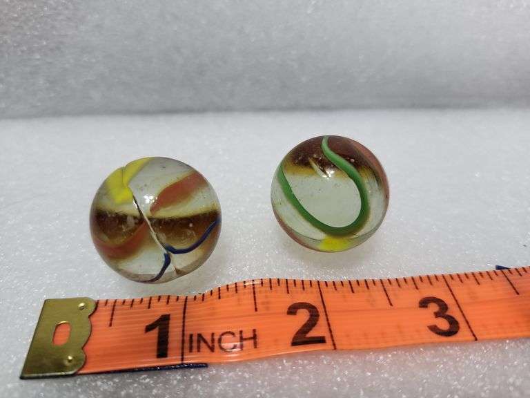 2 Vintage Clear/Blue/Yellow/Red Swirl Shooter Marbles