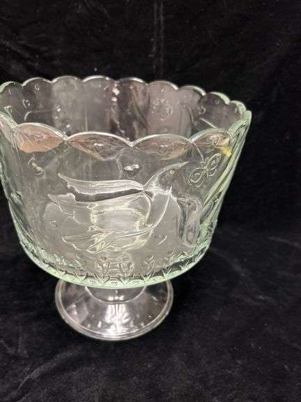 Vintage Clear Glass Serving Bowl with Bird Motif