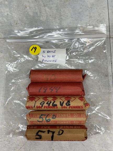 Five Rolls of U.S. Wheat Pennies by Year, Including 1944, 1946 VG, 1956 D, and 1957 D
