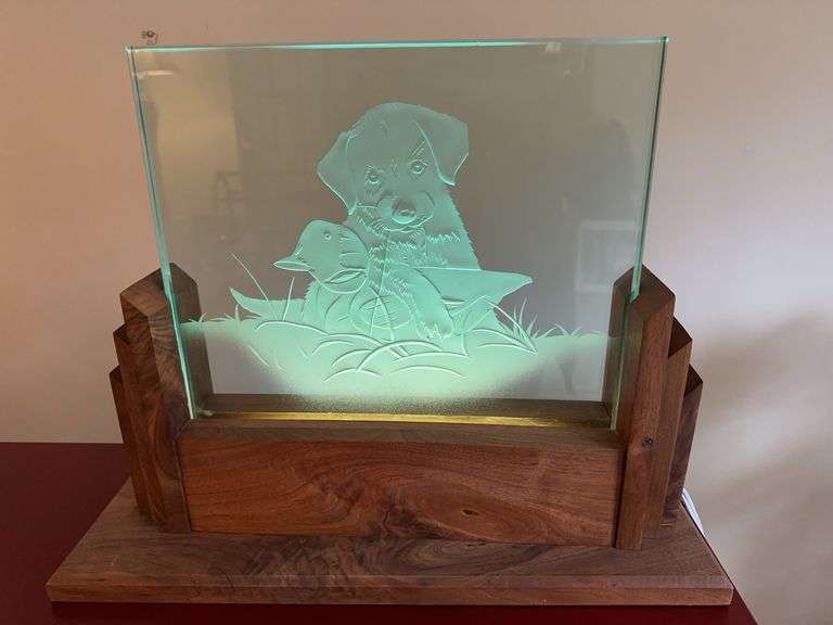 Ducks Unlimited, large etched glass illuminated Labrador display