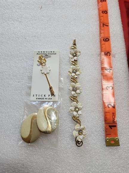 Coro Bracelet Flowers Chipped, Austria Crystal Stick Pin, & Unmarked Shoe Clips