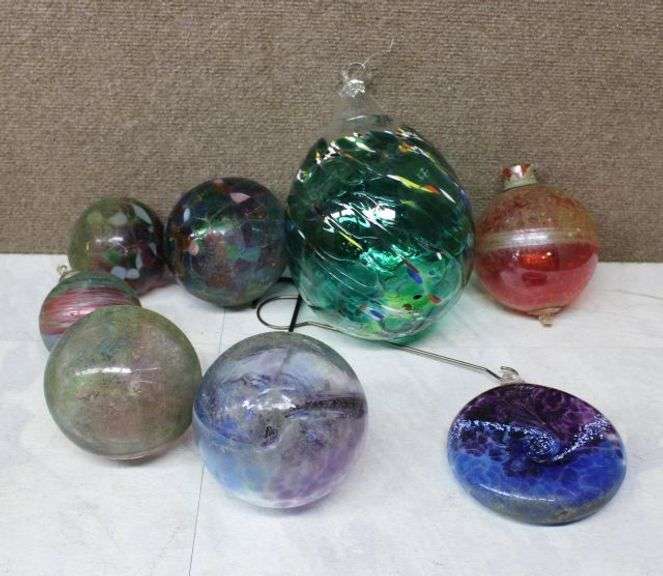 Eight Handblown Glass Ornaments, 1 Signed