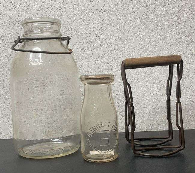 Vintage Dairy Lot – Half Gallon Milk Bottle, Clyde Marshall Cream Bottle (Glouster, Ohio), and Bottl