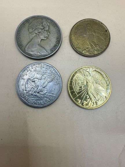 Mixed Coin Lot – 1979 Susan B. Anthony Dollar, 1967 Australia 20 Cent, and 2 Angel Tokens