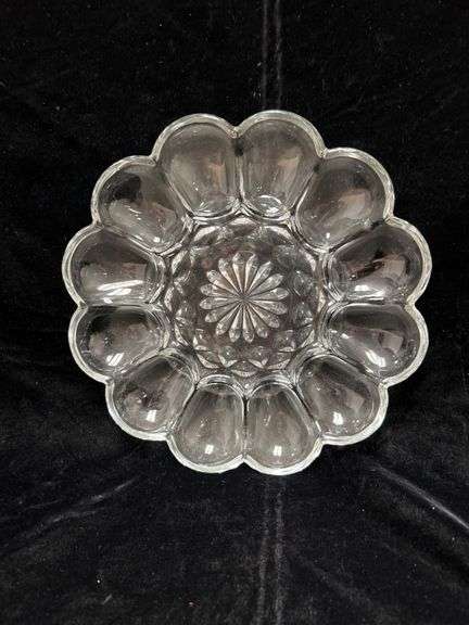 Glass Divided egg Relish Plate with Floral Center Design
