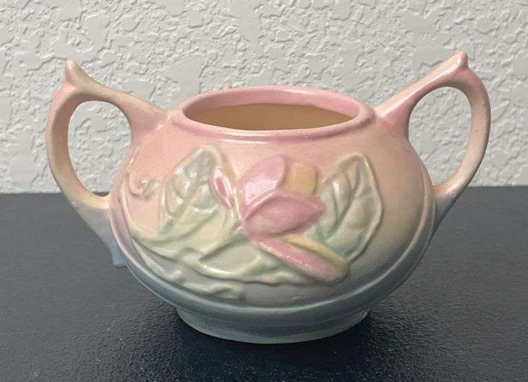 Hull Pottery Magnolia Sugar Bowl – Pink & Yellow Raised Floral – Hull Art USA – Vintage 1940s