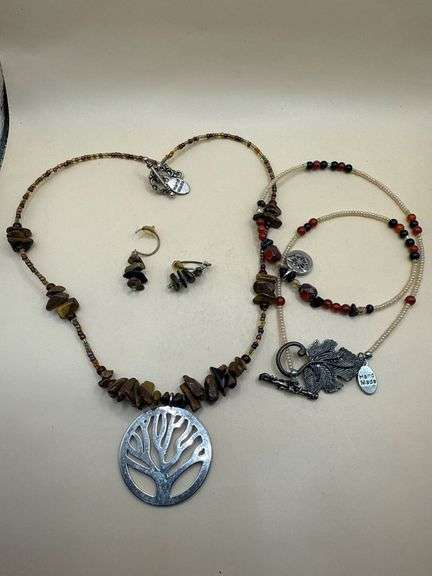 Lot of Handmade Beaded Jewelry – Tree of Life Necklace, Beaded Necklace & Earrings