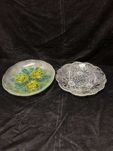 Two Vintage Decorative Glass Plates With Floral Designs