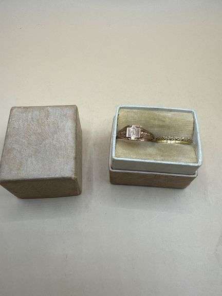Pair of 10K Gold Rings – OB Signet & Etched Band, Both Marked 10K