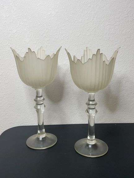 Pair of Frosted Glass Tulip-Form Candle Holders on Clear Stems – 11" Tall