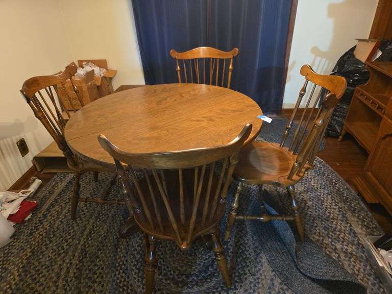 Vintage Rockingham brand, Maple pedestal table and 4 fiddleback chairs ...