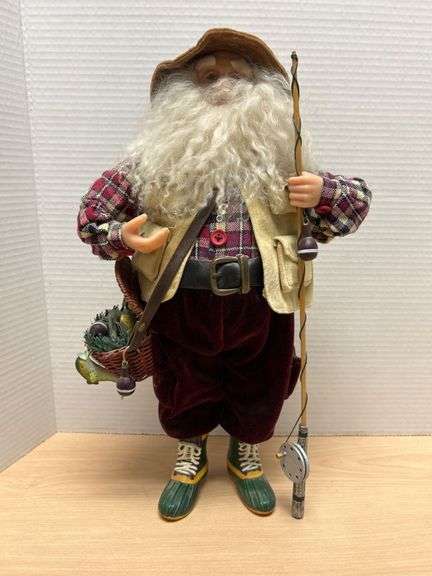 Fisherman Santa Figurine with Basket and Rod, 11 Inches