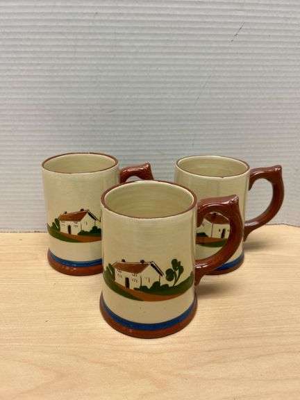 3 Pottery Mugs with Proverbs and Cottage Design Stamped on Bottom