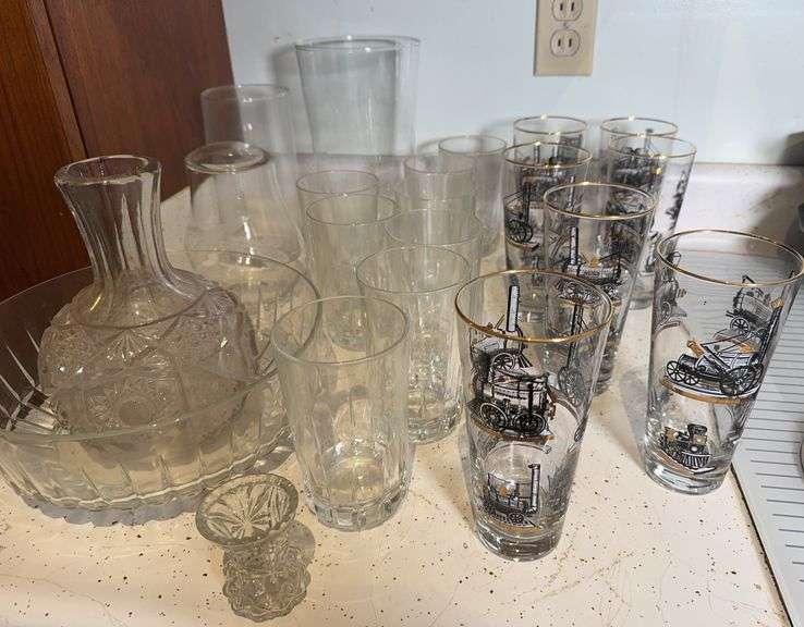 7 Vintage Libbey Steam Engine Locomotive Train Glasses and Glassware Pieces