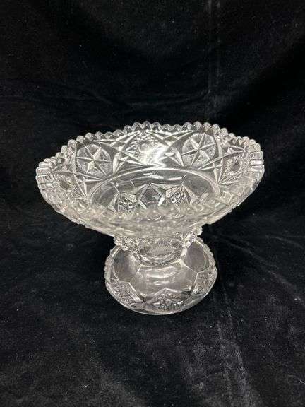 Pressed Cut Glass Pedestal Compote Bowl with Star and Scalloped Design