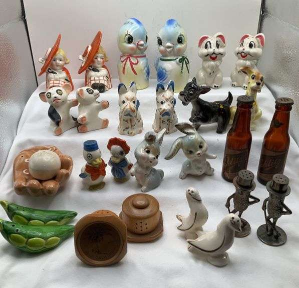 Vintage Salt and Pepper Shakers, Including Mr. Peanut, Glass Bottles, Cows, Baseball and More