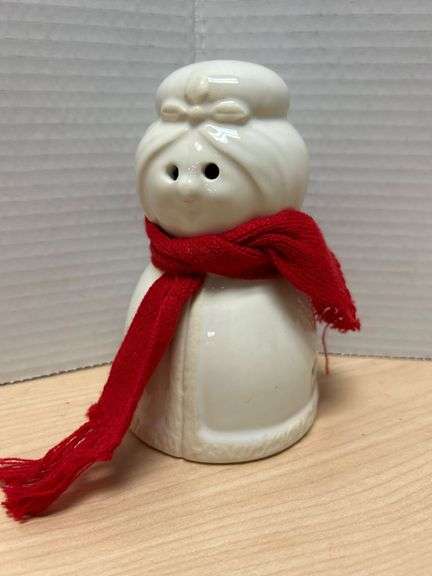 White Ceramic Snowman Figurine With Red Scarf and Vent Holes
