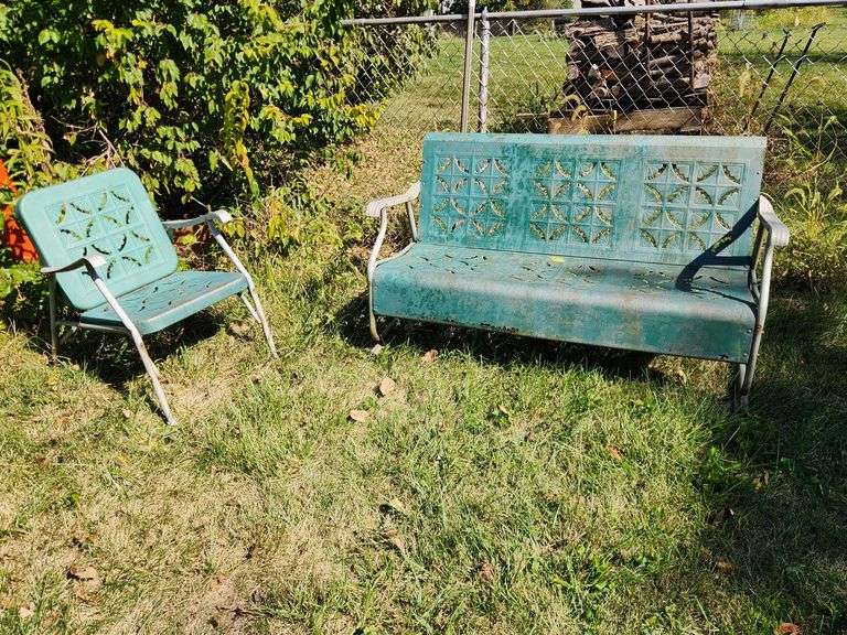 1950s Front Porch - Metal Glider Bench and Matching Chair