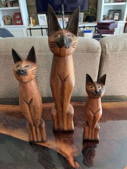 Set of vintage wooden Siamese cat sculptures