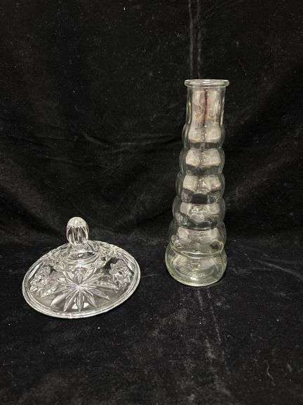 Clear Glass Vase and Lidded Dish, Marked on Bottom