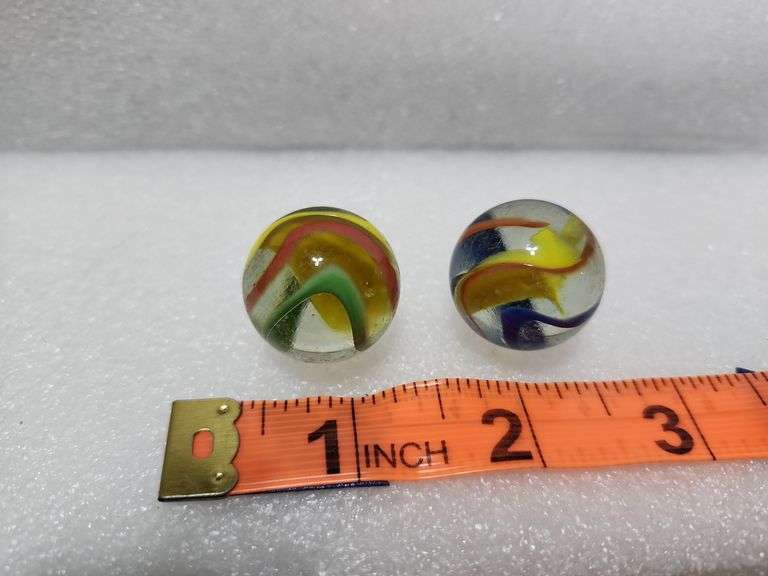 2 Vintage Clear/Blue/Yellow/Red Swirl Shooter Marbles