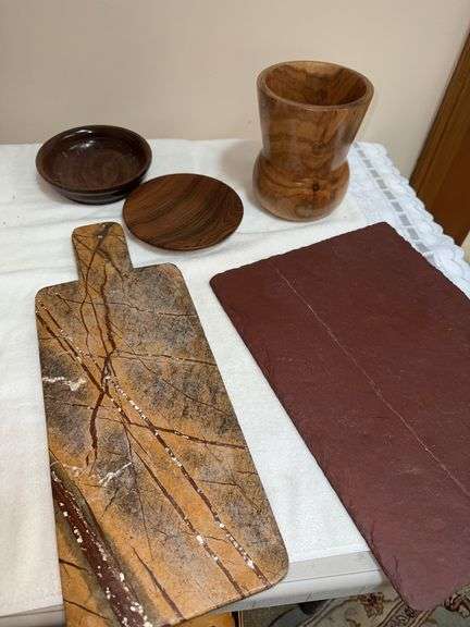 Granite and slate cheese platters, wood vase, etc.