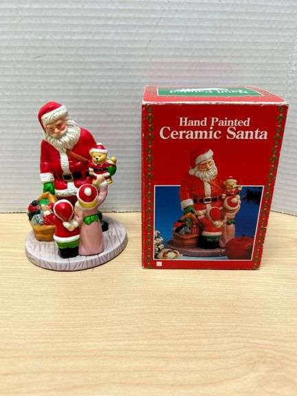 Hand-Painted Ceramic Santa Figurine with Box, Approximately 5 Inches Tall