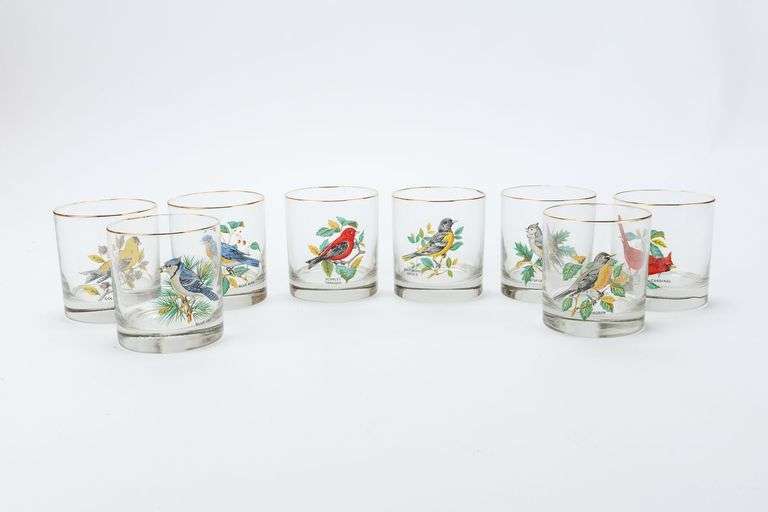 Vintage West Virginia Glass Types of Birds Low Ball Rocks Glass Set