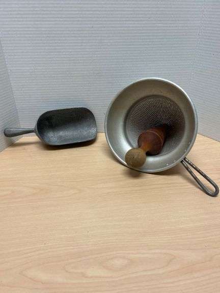 Vintage Wear-Ever Aluminum Strainer with Wood Pestle and Metal Scoop