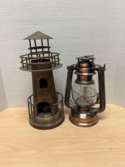 Metal Lighthouse Tealight Holder and Copper-Finished Hurricane Lantern