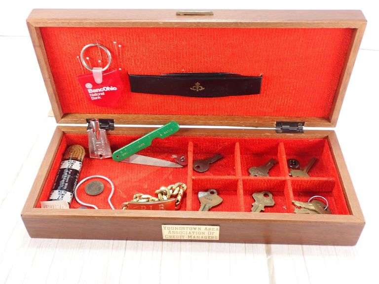 Wooden Jewelry Box filled Assorted Items and Old Brass Keys
