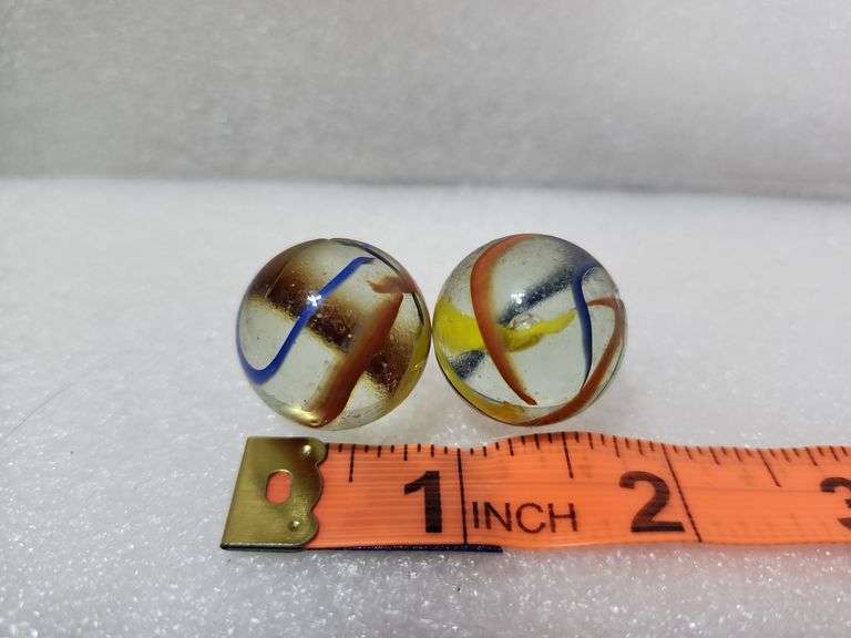 2 Vintage Clear/Blue/Yellow/Red Swirl Shooter Marbles