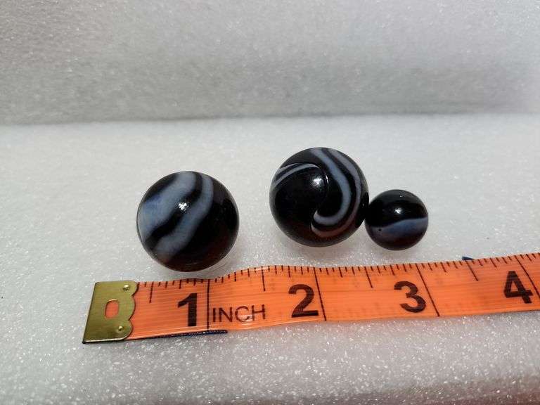 3 Vintage Black/White Swirl Marbles, Two Are Shoot Marbles