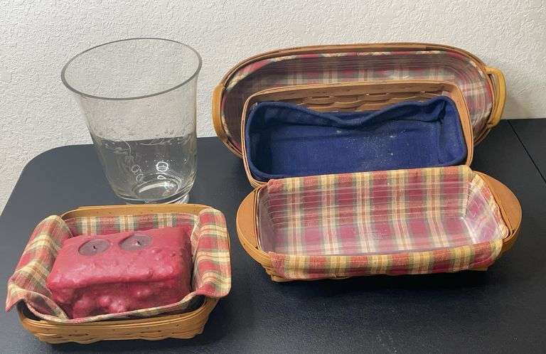 Longaberger Baskets with Liners & Dividers, Plus Etched Glass Vase (Chipped)