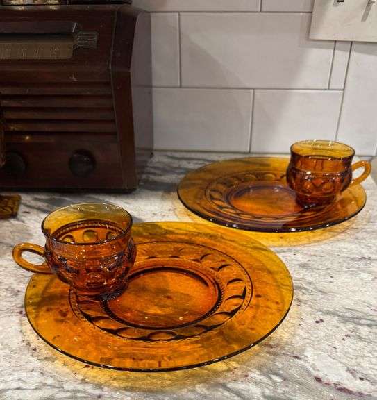 Beautiful Indiana Glass Amber Kings Crown Drink and Snack Plates