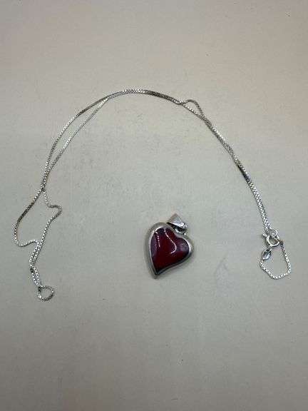 Sterling Silver Mexico Heart Pendant with Red Inlay on 925 Chain