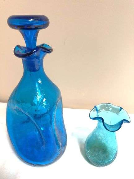 Blenko blue crackle pinched decanter with stopper